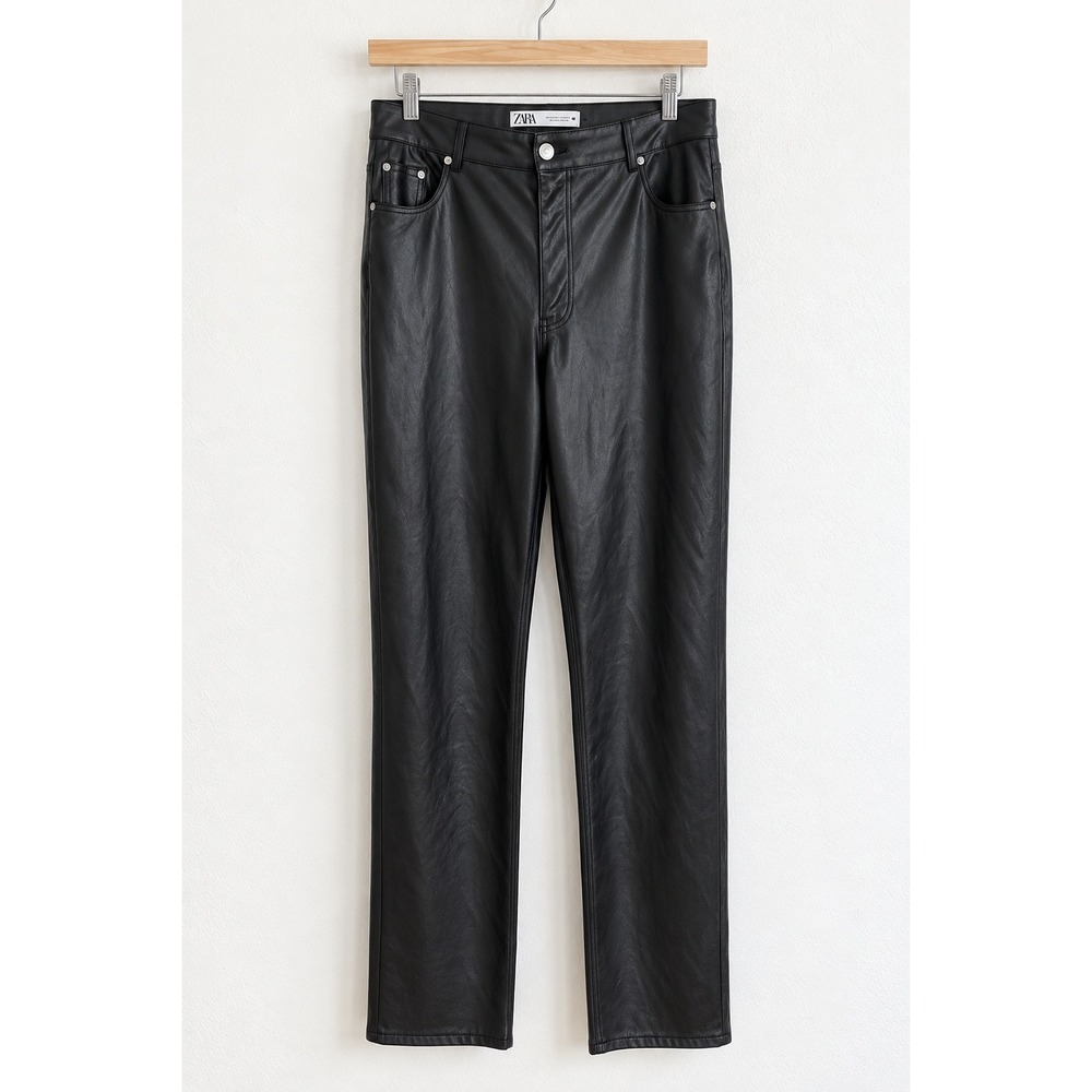 Zara Black Faux Leather High Rise Straight Leg Pants 12 Moto Model Off Duty